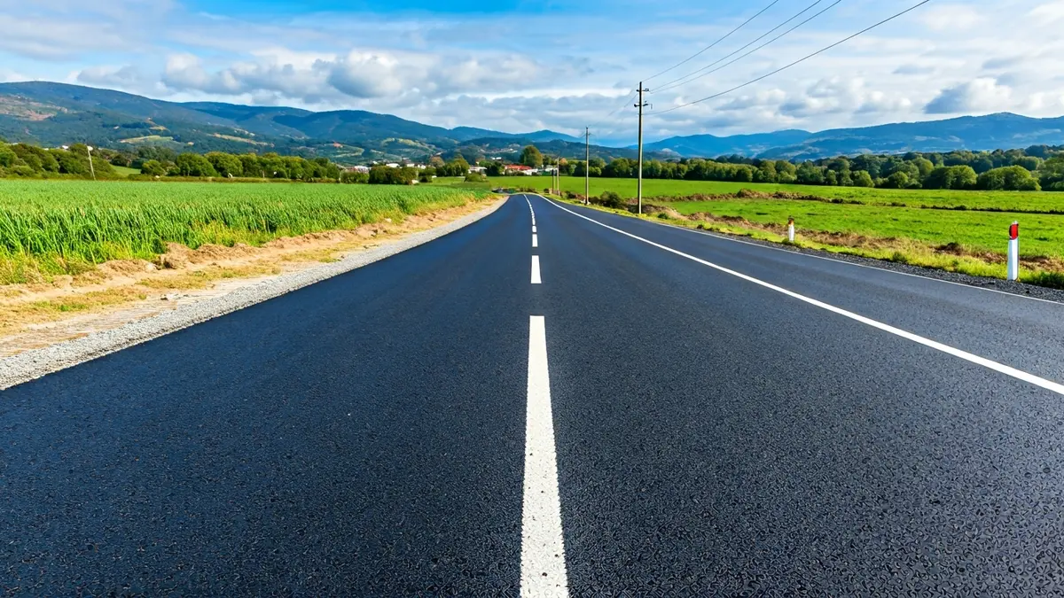 Imagen de una carretera rural recién asfaltada en Galicia, con señalización de obras.