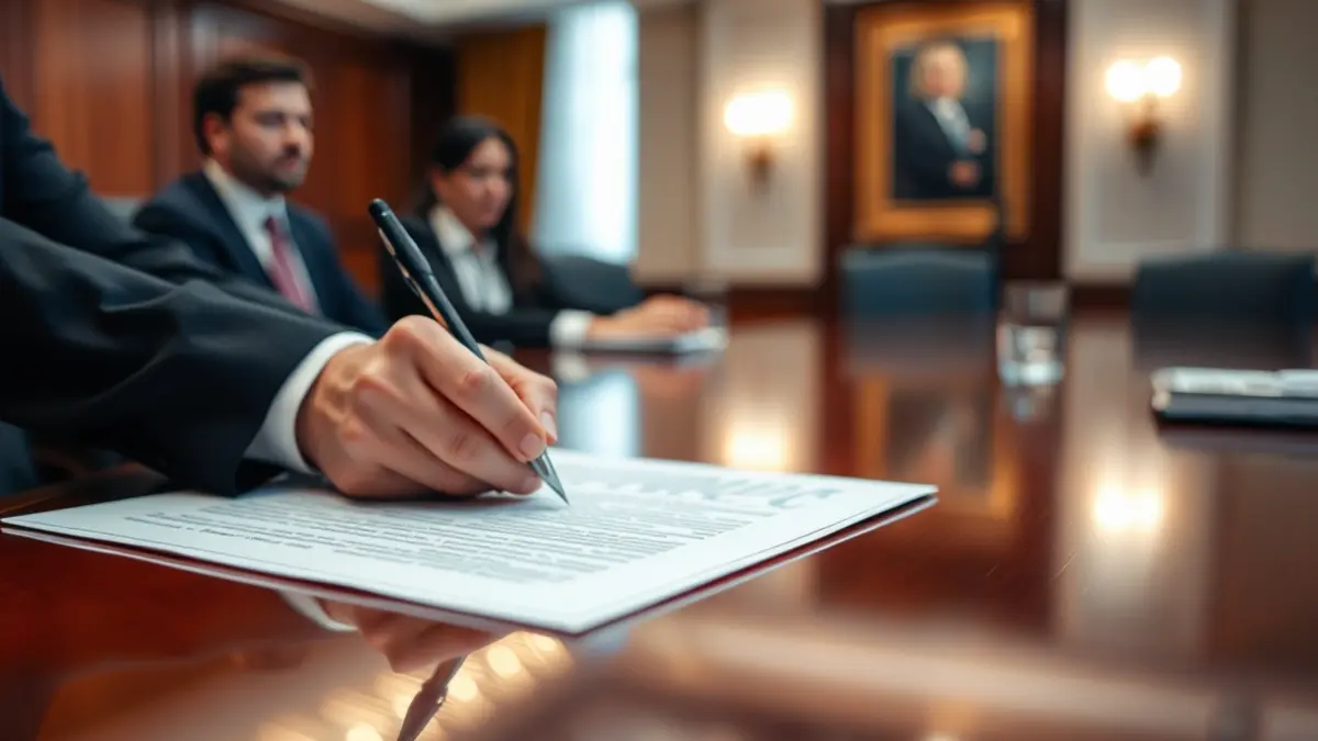 Imagen genérica de manos firmando un documento en una mesa de reuniones.