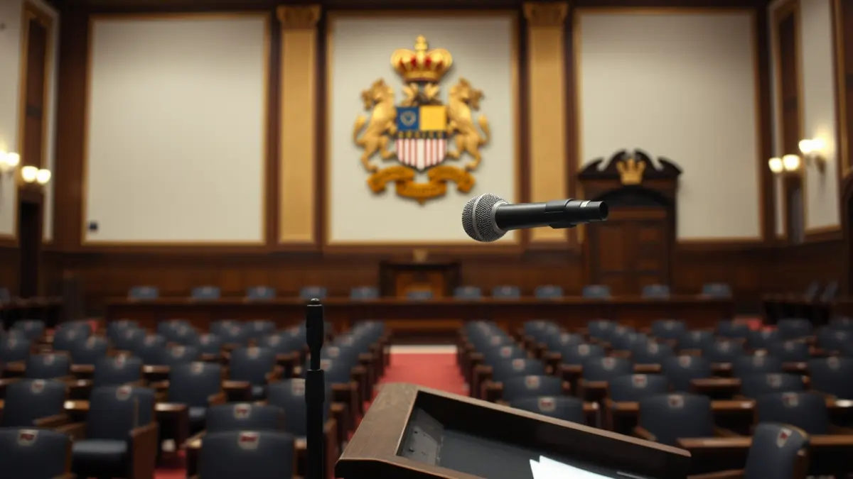 Imagen genérica de un salón de plenos con un micrófono en un atril.