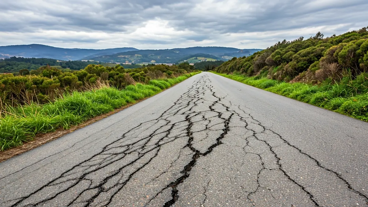 Imagen de una carretera dañada con baches y grietas.