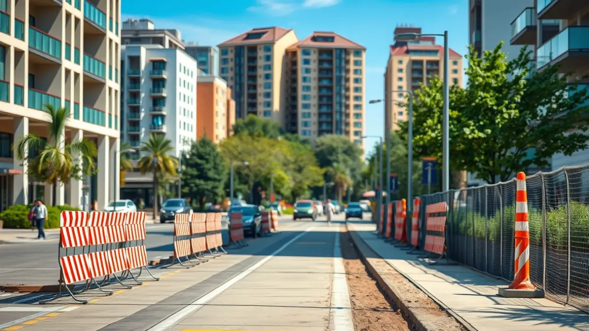 Imagen de una calle en obras, con espacios peatonales y vegetación.
