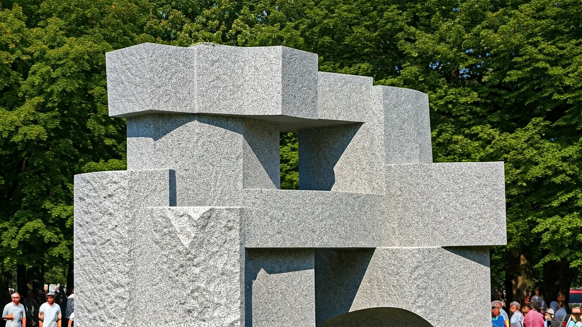 Escultura de granito sendo instalada na Illa das Esculturas en Pontevedra.