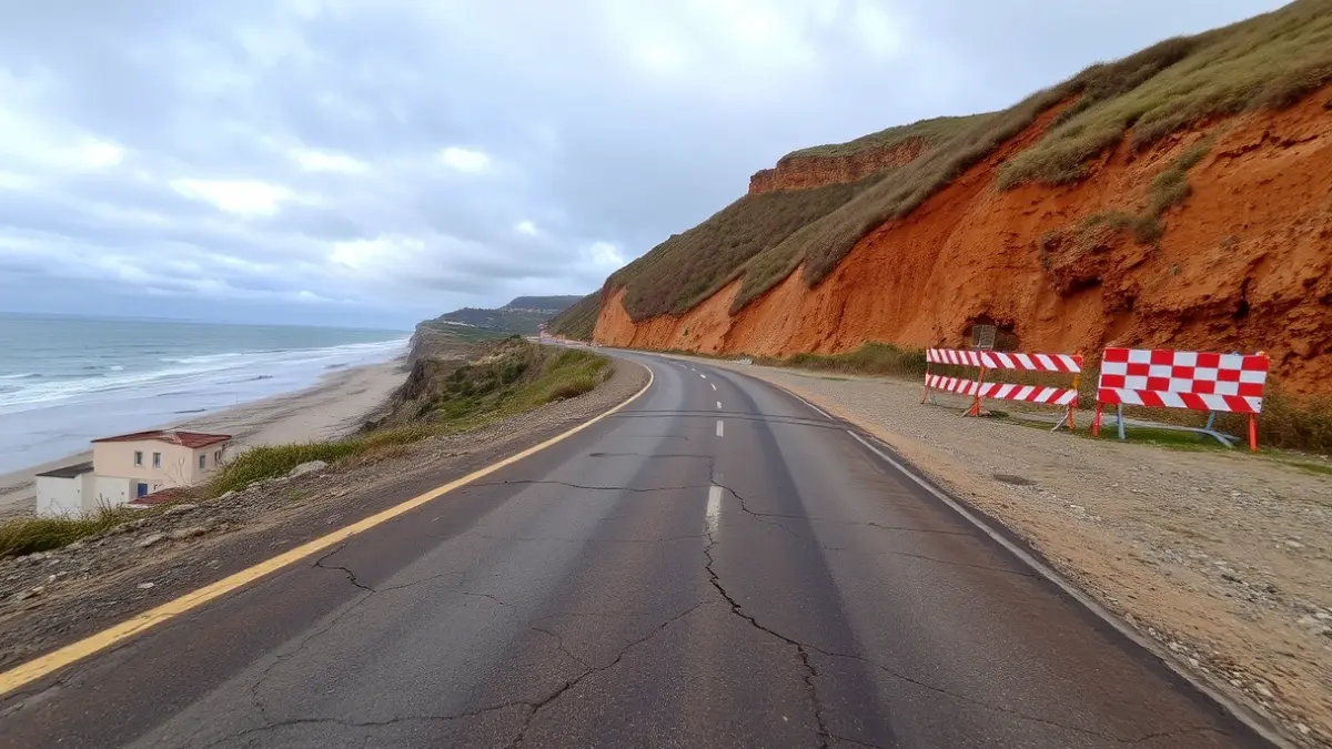 Imagen de la carretera costera entre Miño y Pontedeume afectada por un hundimiento.