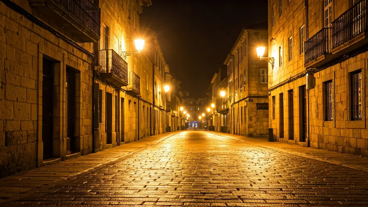 Rúa baleira de Ourense ao amencer, con néboa e farois acesos.