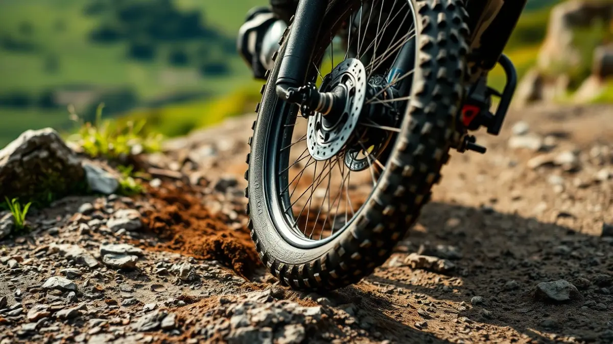 Imagen genérica de una rueda de motocicleta de trial sobre terreno rocoso y embarrado.