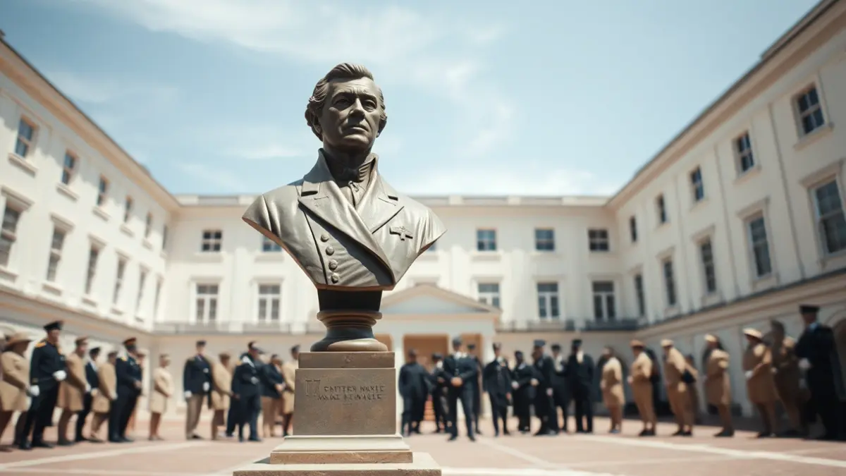 Imagen de un busto de una figura naval en un patio, con personas en uniforme al fondo.