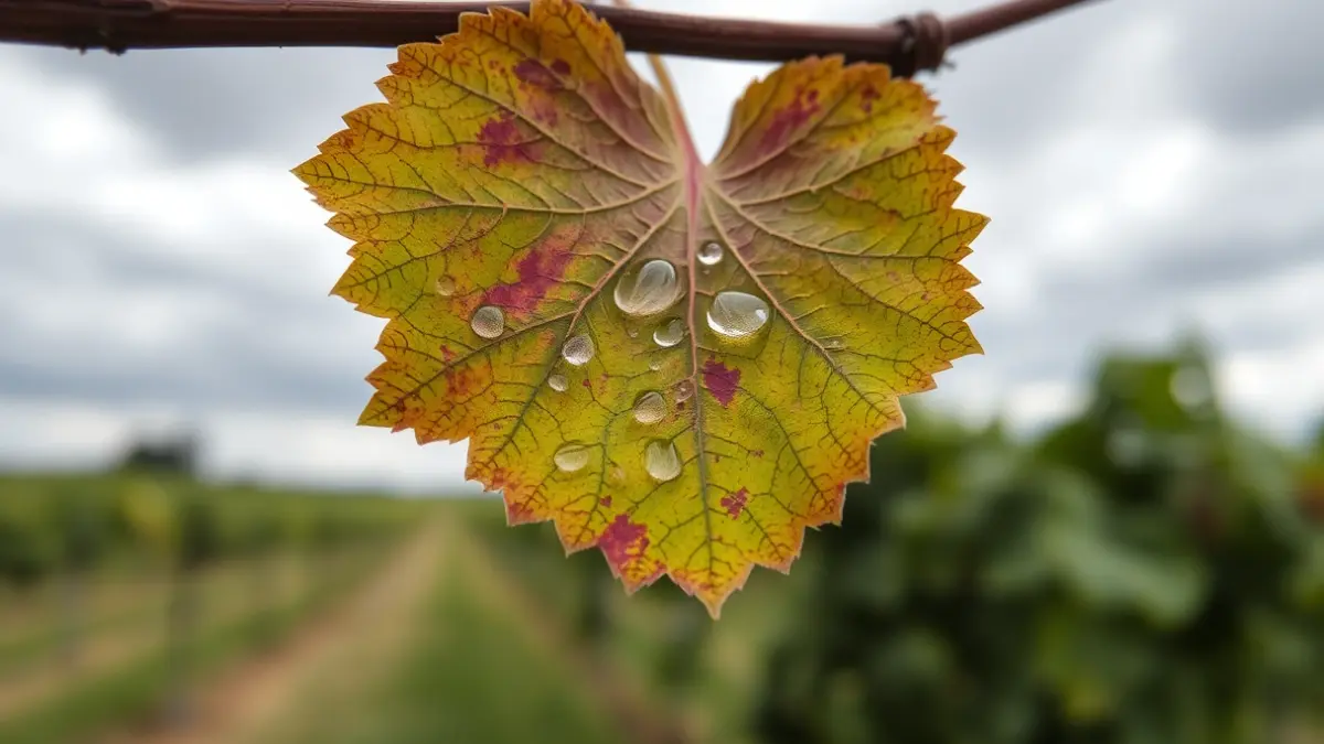Imagen de una hoja de vid con mildiu, con gotas de rocío.