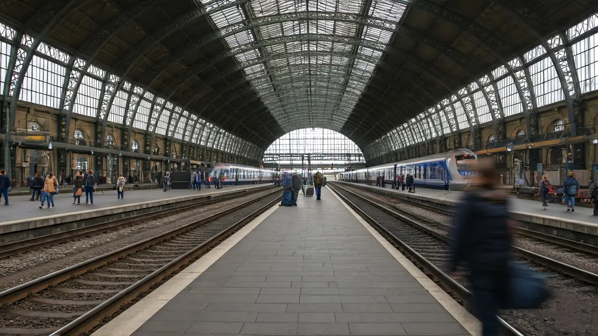 Imaxe dunha estación intermodal moderna con plataformas e vías.