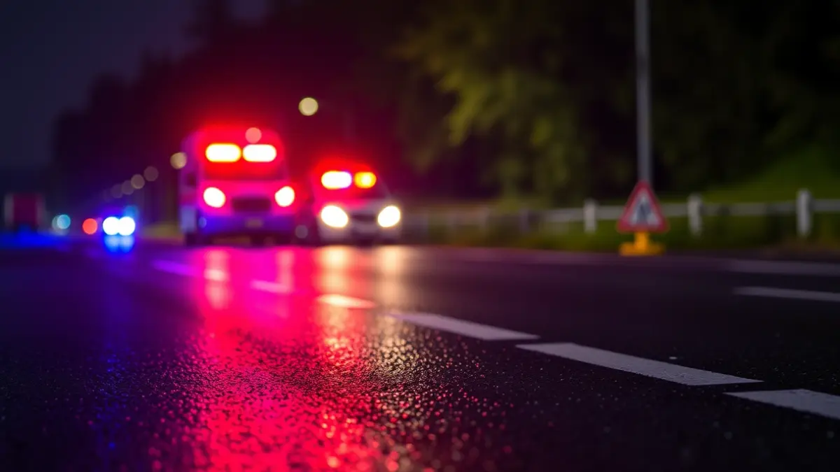 Imaxe xenérica de luces de emerxencia reflectíndose sobre asfalto mollado pola noite.
