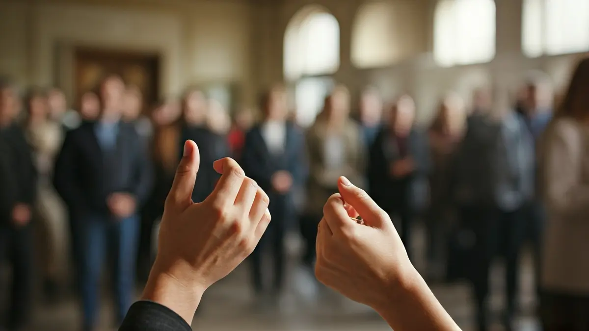 Imaxe xenérica de mans comunicándose en lingua de signos nun entorno público.