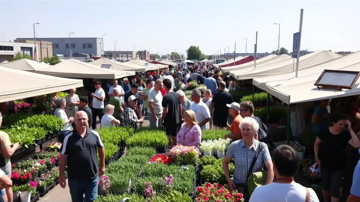 Imaxe xenérica dunha feira de plantas con moita xente e postos cheos de vexetación.