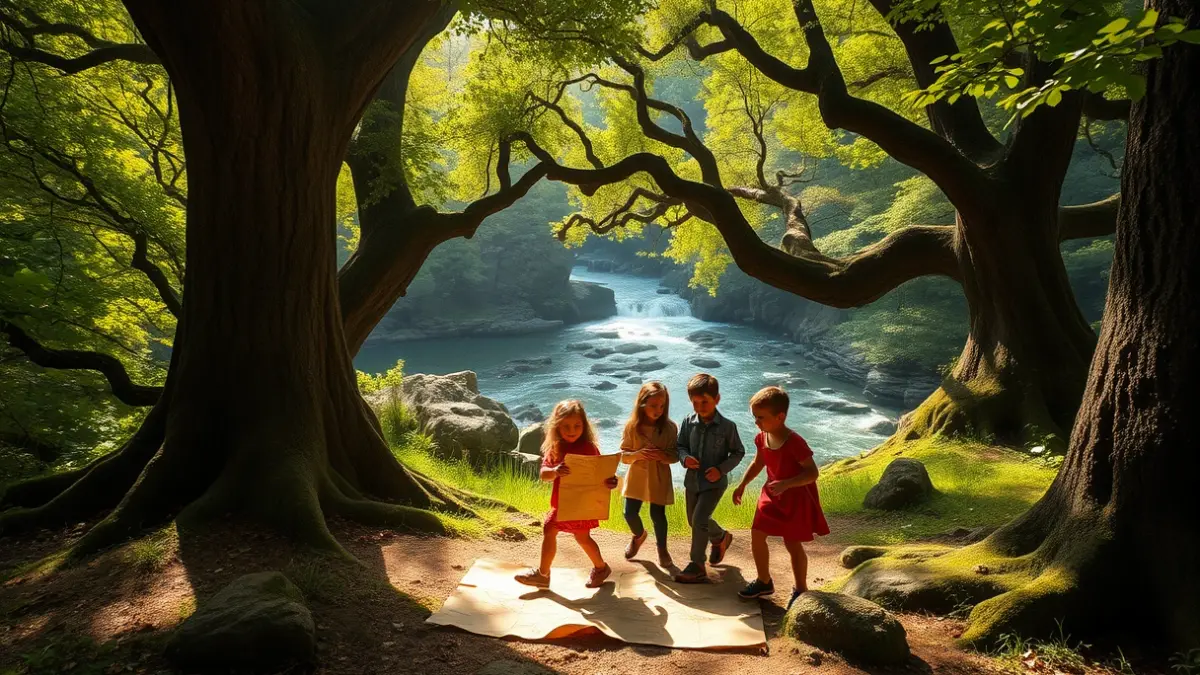 Imaxe dunha familia seguindo un mapa nun bosque máxico, con árbores antigas e un río ao fondo.