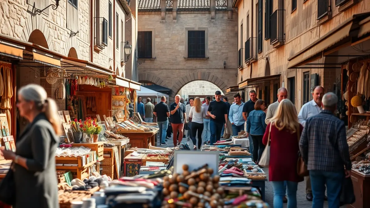 Imaxe xenérica dunha feira de artesanía nunha praza galega.