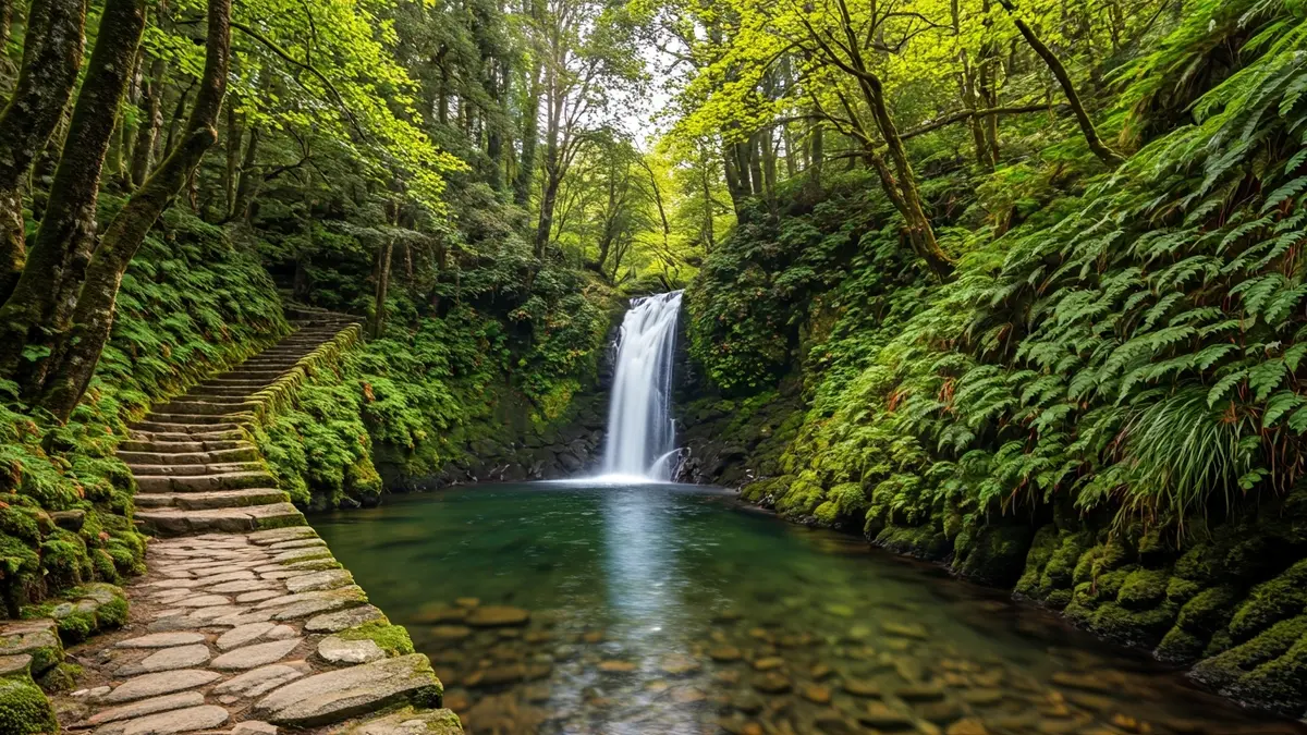 Imaxe da fervenza da Cidadella en Vilardevós, Ourense, rodeada de vexetación exuberante.