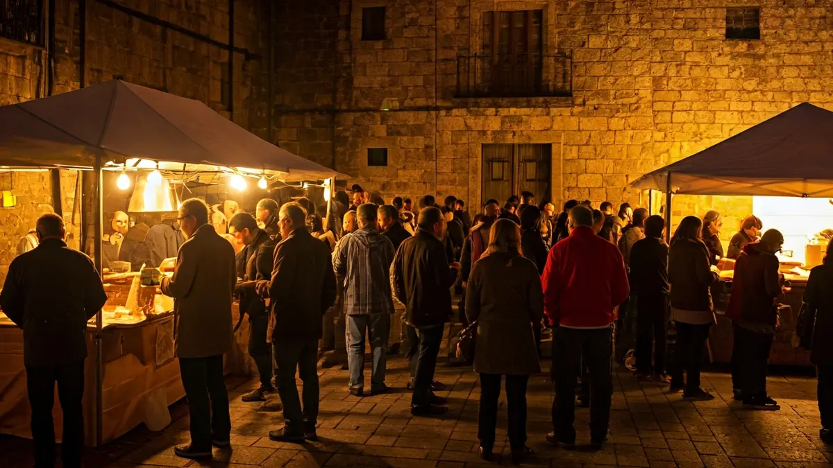 Imaxe da Festa da Enfariñada de Trabada, con xente degustando pratos e un ambiente festivo.