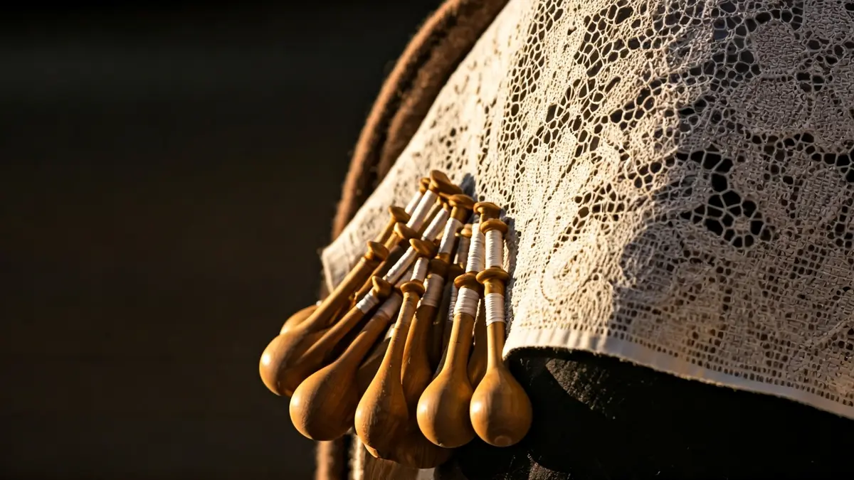 Imagen genérica de un encaje de bolillos con hilos y bolillos, destacando la artesanía.