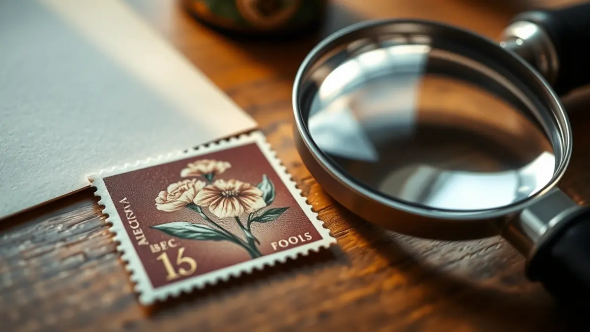 Imagen genérica de un sello de correos antiguo con diseño floral, sobre una mesa de madera.