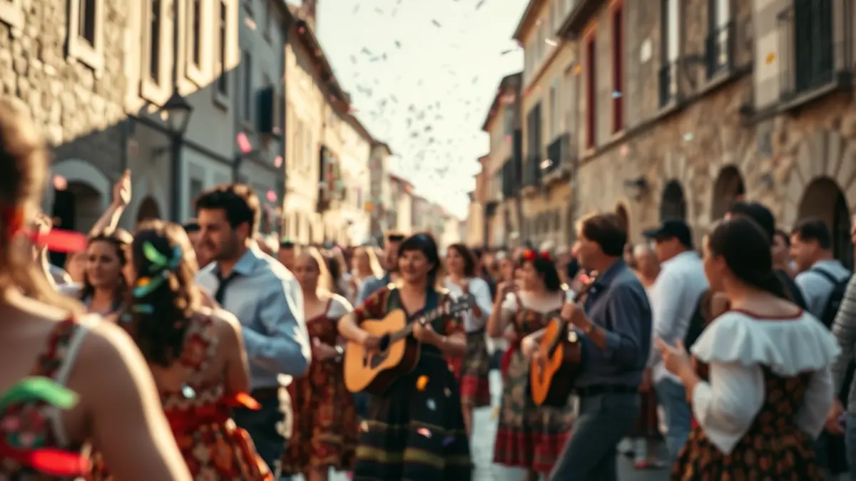 Imagen de una foliada tradicional en Galicia, con gente bailando y tocando música.