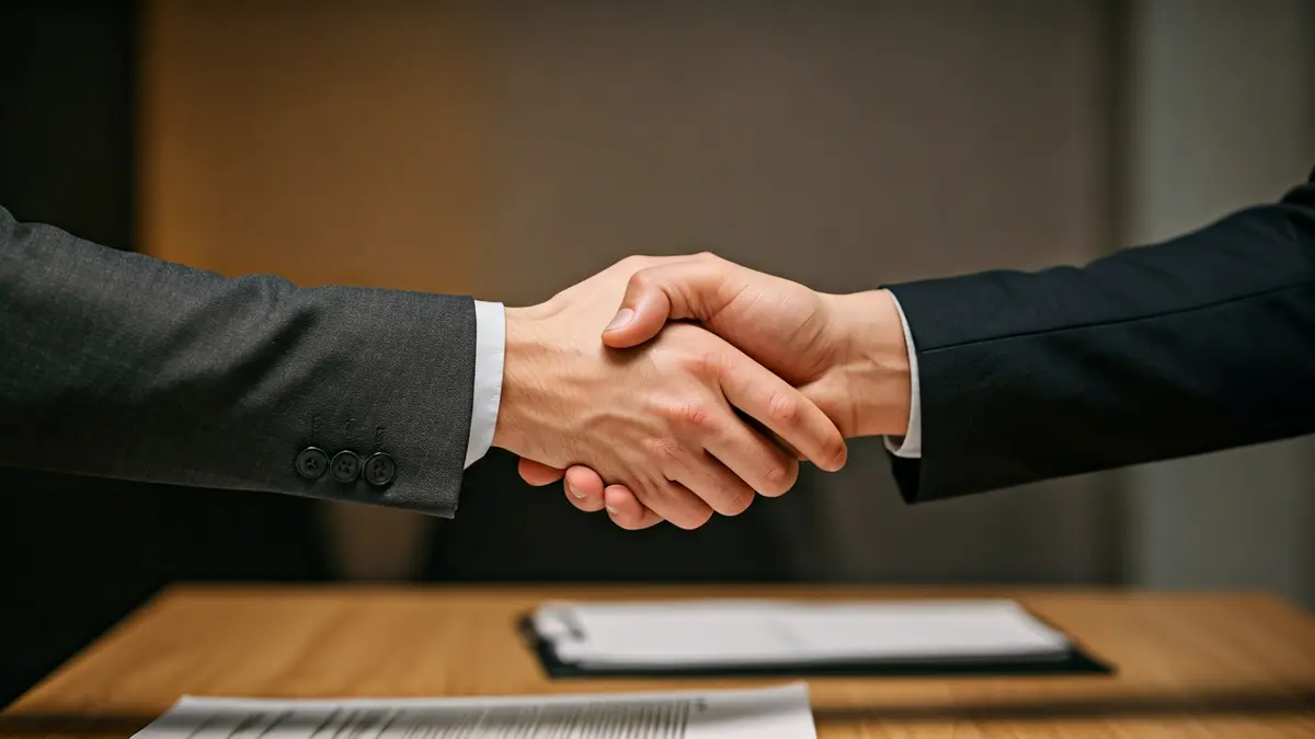 Imaxe xenérica de dúas mans estreitándose sobre un escritorio, simbolizando a colaboración laboral.