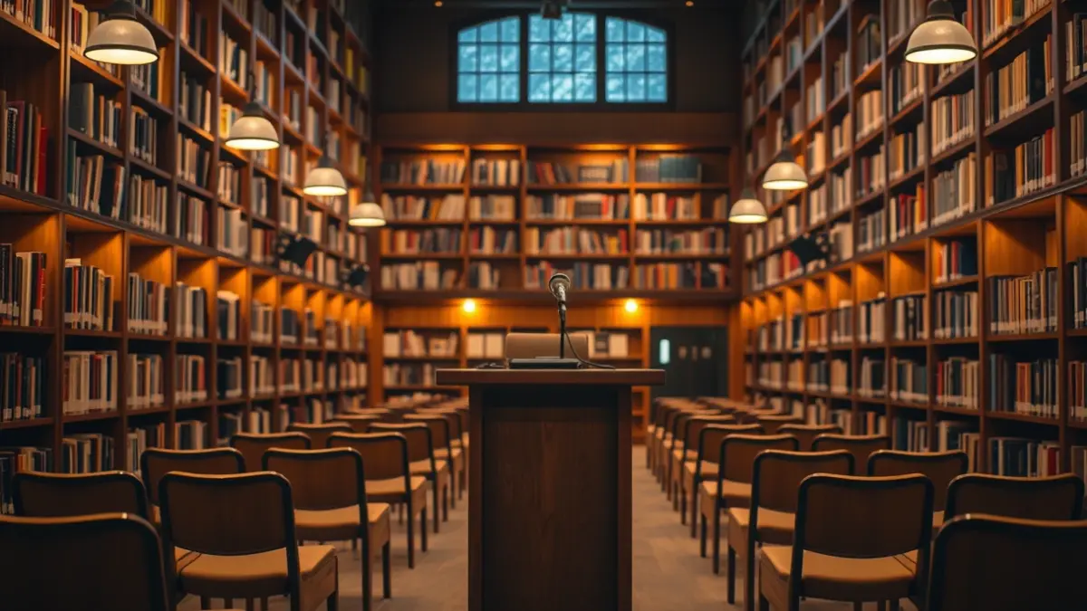 Imagen genérica de una sala de exposiciones o biblioteca con luz cálida.