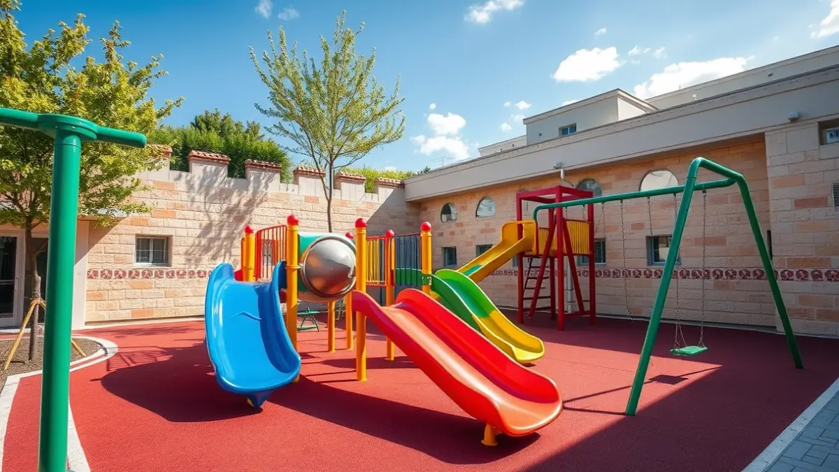 Imaxe dun parque infantil con elementos inspirados na Muralla de Lugo.
