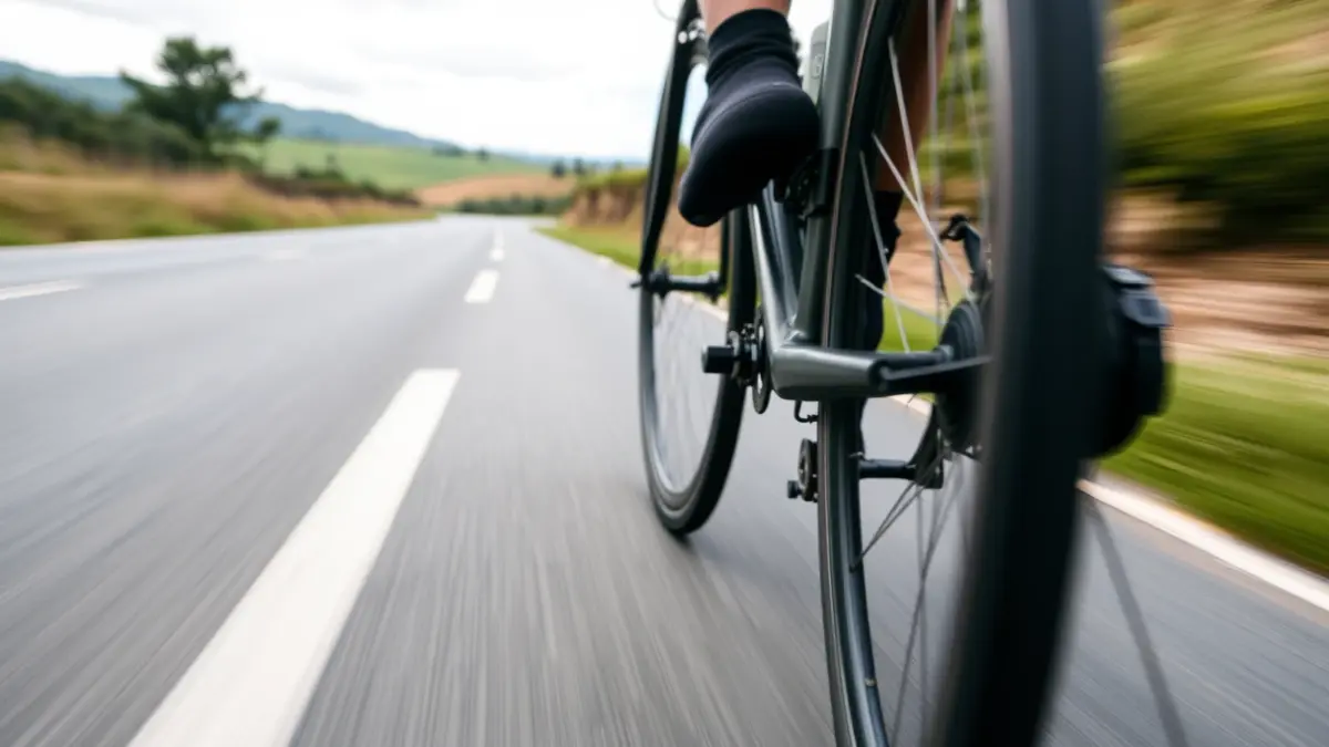 Imaxe xenérica dunha roda de bicicleta en movemento nunha estrada.