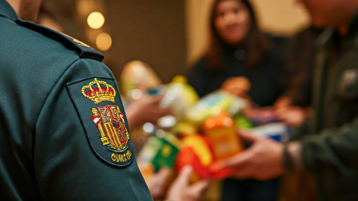 Imaxe dun parche da Garda Civil con alimentos non perecedoiros de fondo.