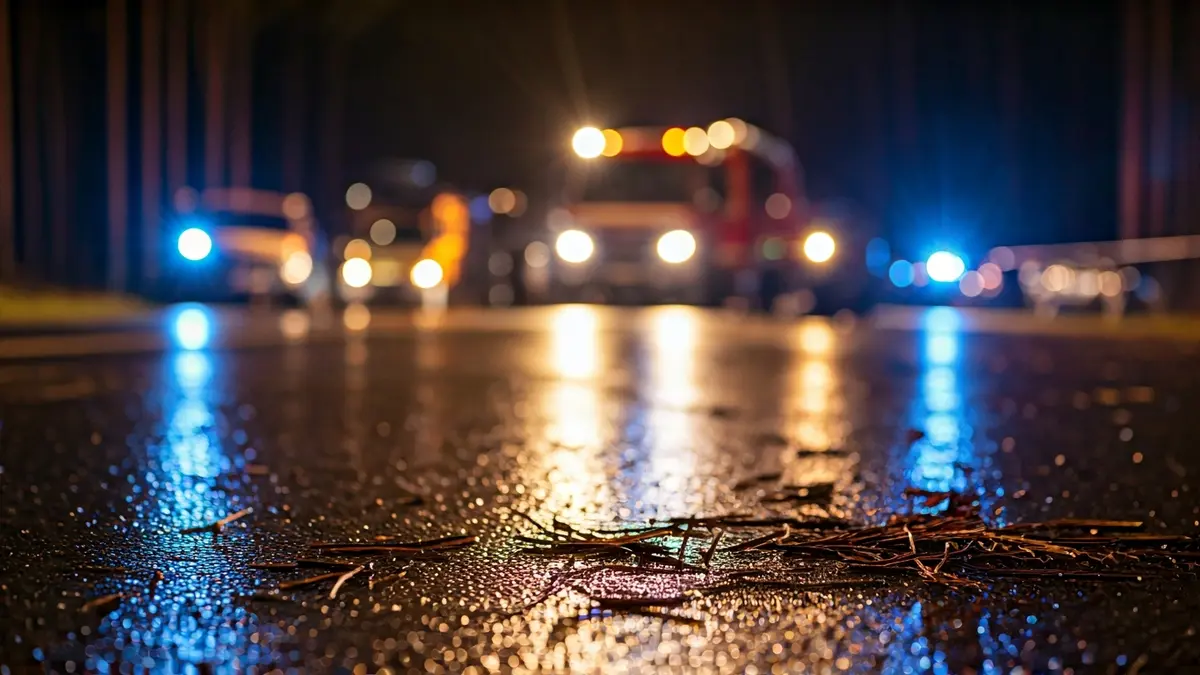 Imagen genérica de luces de emergencia reflejadas sobre asfalto mojado y un pinar.