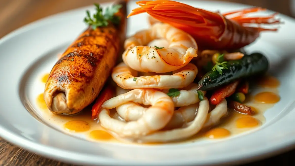 Imaxe xenérica dun prato gourmet con produtos do mar e vexetais.
