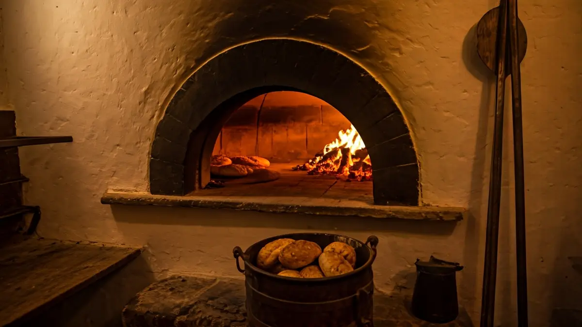 Imaxe dun forno municipal antigo con pan cocéndose.