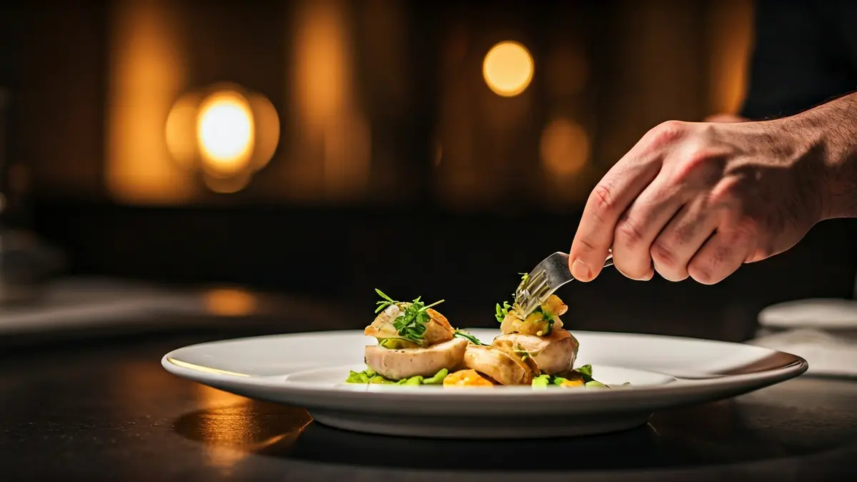 Imaxe xenérica de mans de cociñeiro preparando un prato.