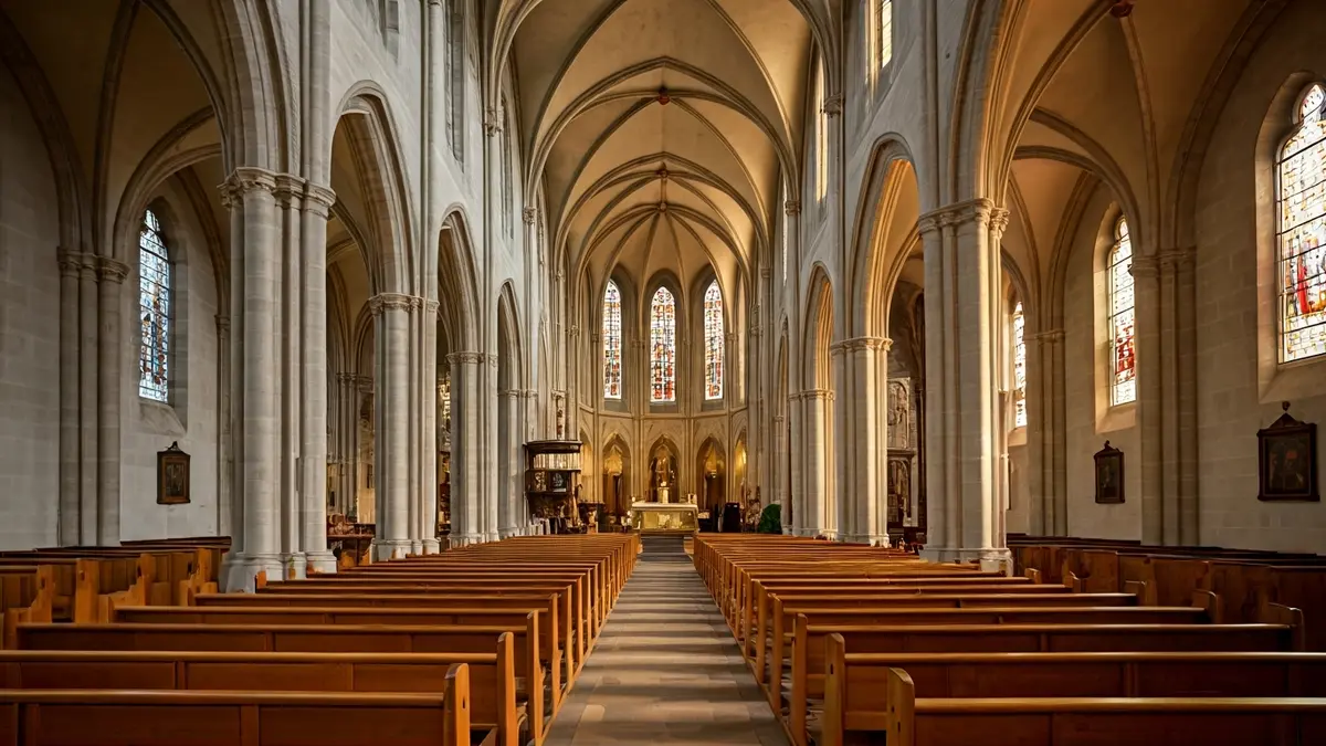 Interior dunha igrexa histórica con teitos abovedados e arcos de pedra.
