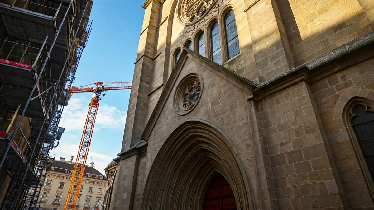Imaxe dunha fachada de igrexa de pedra sendo limpada cun guindastre ao fondo.