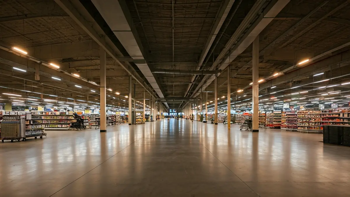 Imaxe xenérica dun local comercial amplo e baleiro, con teitos altos e iluminación industrial.