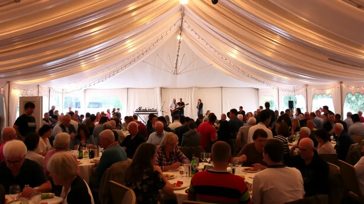 Imaxe dunha carpa festiva chea de persoas maiores gozando dunha xuntanza.