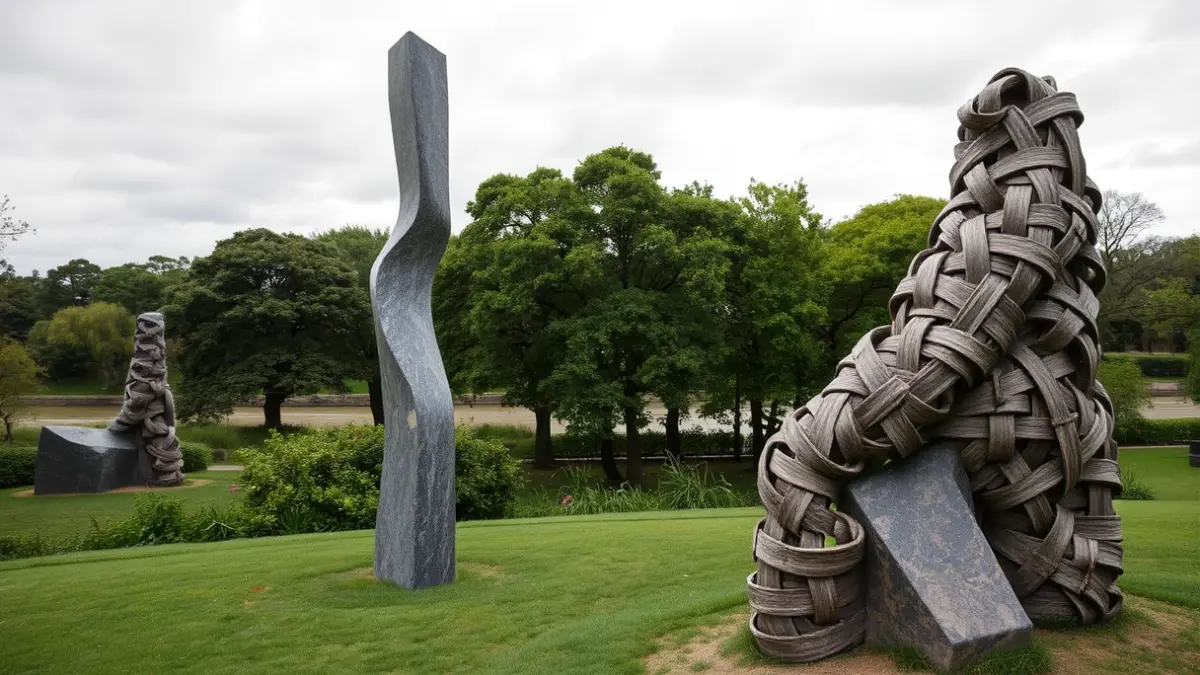Imagen de las dos nuevas esculturas de granito en la Illa das Esculturas de Pontevedra.