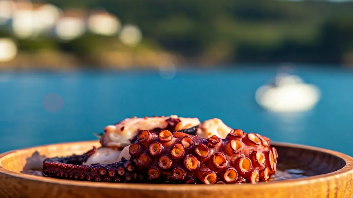 Imaxe dun prato de polbo á feira, coa Illa de Ons ao fondo.