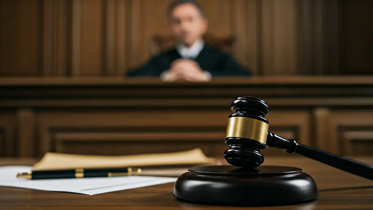 Imaxe xenérica dun mazo de xuíz sobre unha mesa de madeira nun xulgado.