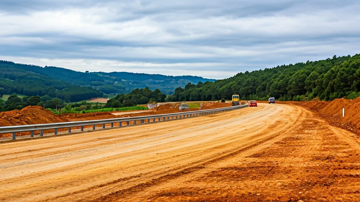 Imaxe dun tramo de autovía en construción con maquinaria pesada e movementos de terra.