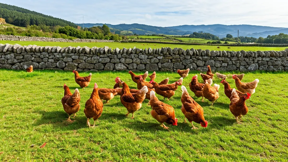 Imaxe xenérica de aves de curral en liberdade nunha paisaxe rural galega.