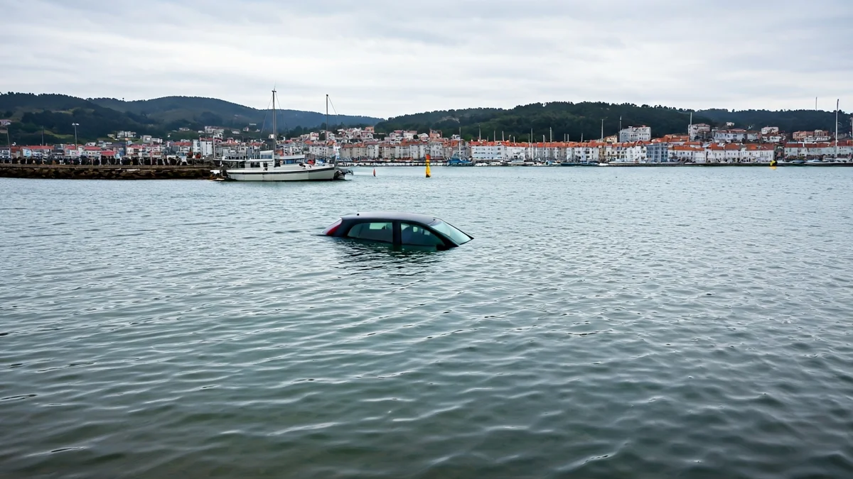 Coche parcialmente mergullado na rampa do porto de Muros pola subida da marea.