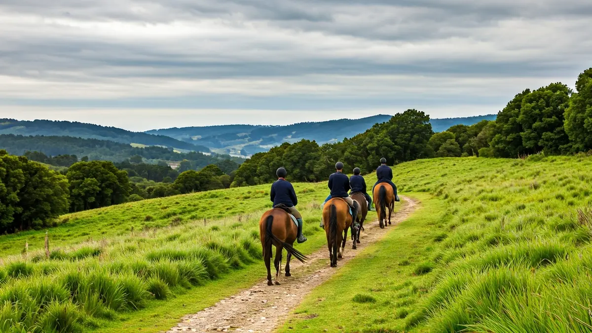Imaxe xenérica dunha ruta a cabalo por un sendeiro verde.
