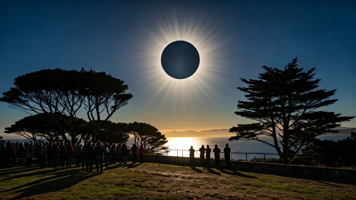 Imaxe dun eclipse solar total sobre unha paisaxe costeira galega.