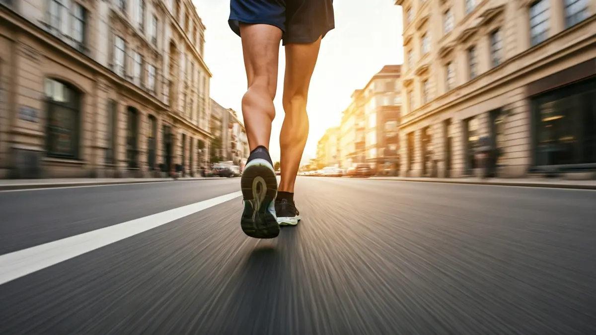 Imaxe xenérica de pés de corredor sobre asfalto urbano.
