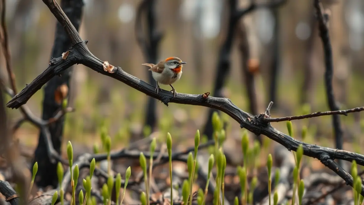 Imaxe dun paxaro nunha póla queimada nun bosque afectado por incendios.