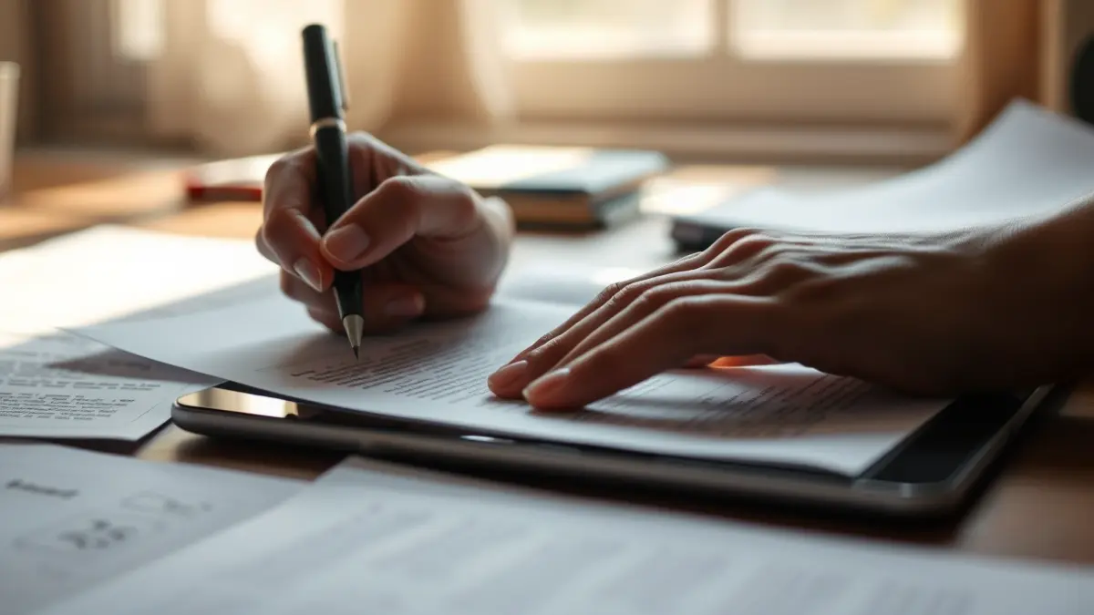 Imaxe xenérica dunha man escribindo nun papel, con outros papeis e unha tableta ao redor.