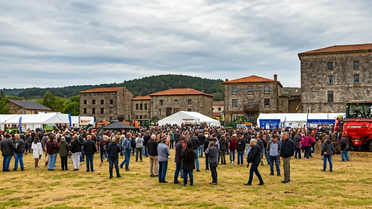 Imagen de una feria agrícola en Galicia con mucha gente y maquinaria.