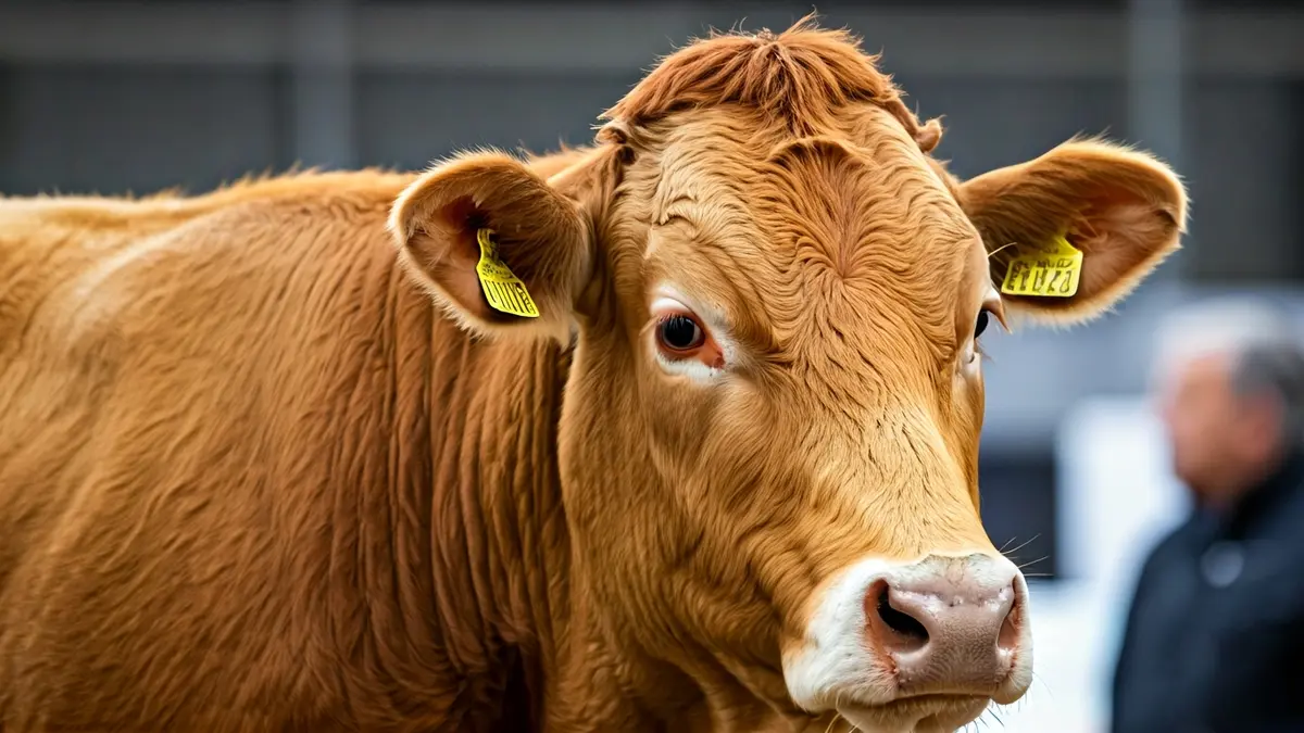 Imaxe dunha vaca de raza Rubia Galega nunha exposición gandeira.