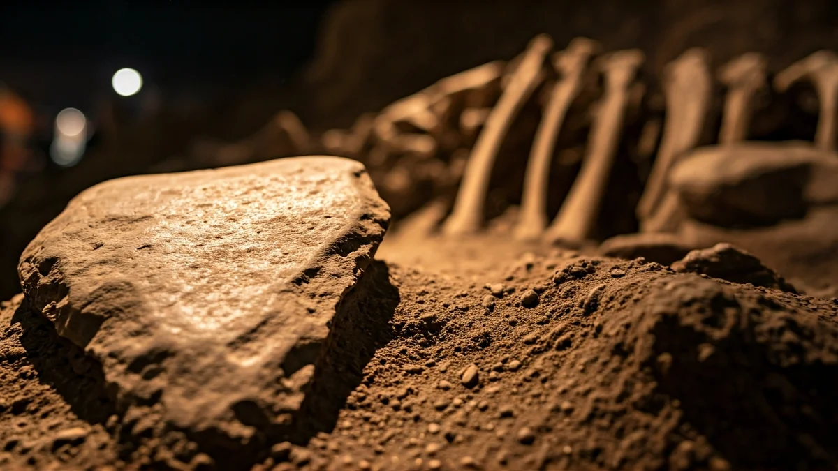 Restos de fauna prehistórica e ferramentas de pedra nunha cova, iluminados por unha luz cálida.