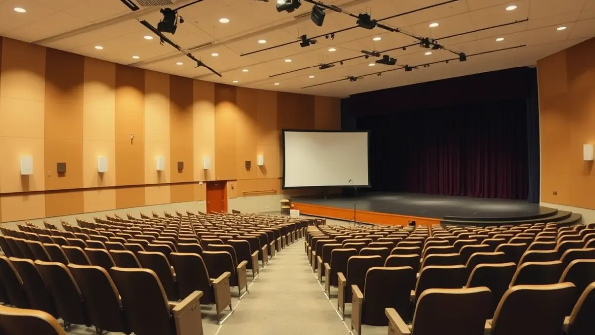 Imaxe xenérica dun auditorio universitario preparado para un evento cultural.